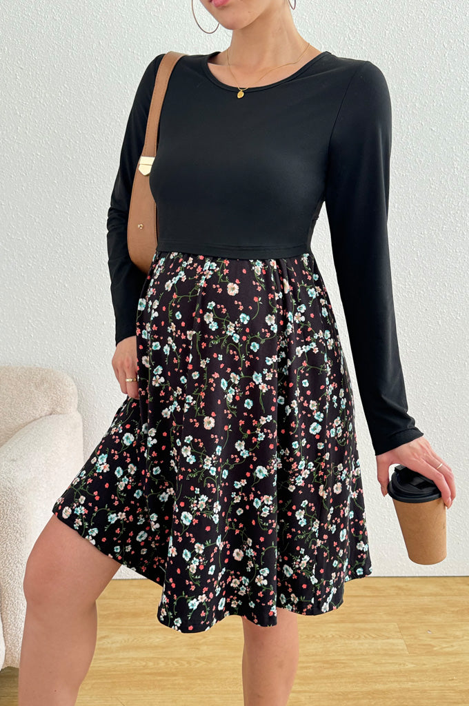 Bearsland Long-sleeved Crew-neck Floral Nursing Dress