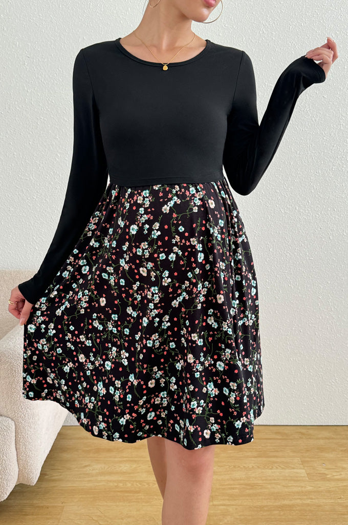 Bearsland Long-sleeved Crew-neck Floral Nursing Dress