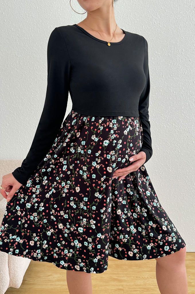 Bearsland Long-sleeved Crew-neck Floral Nursing Dress
