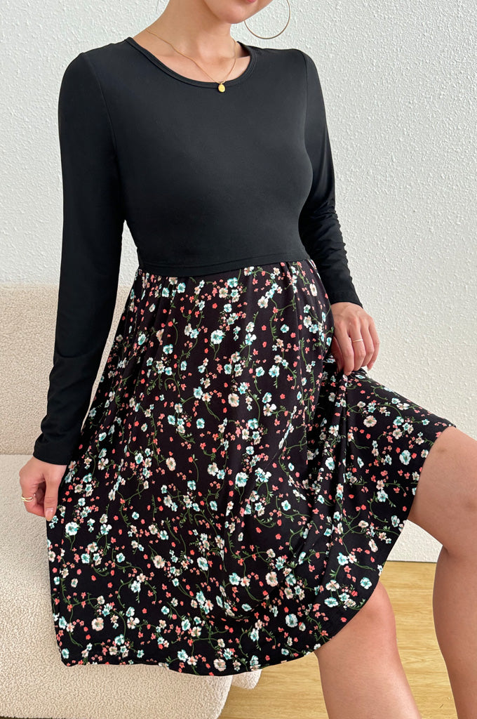 Bearsland Long-sleeved Crew-neck Floral Nursing Dress