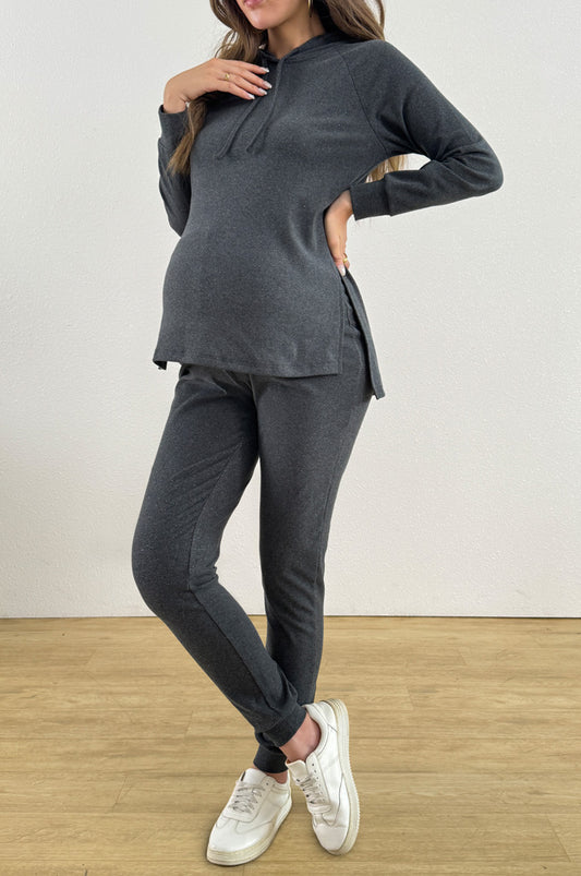 Bearsland Long-sleeved Maternity Hooded Set with Slit Hem