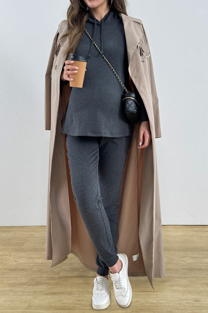Bearsland Long-sleeved Maternity Hooded Set with Slit Hem