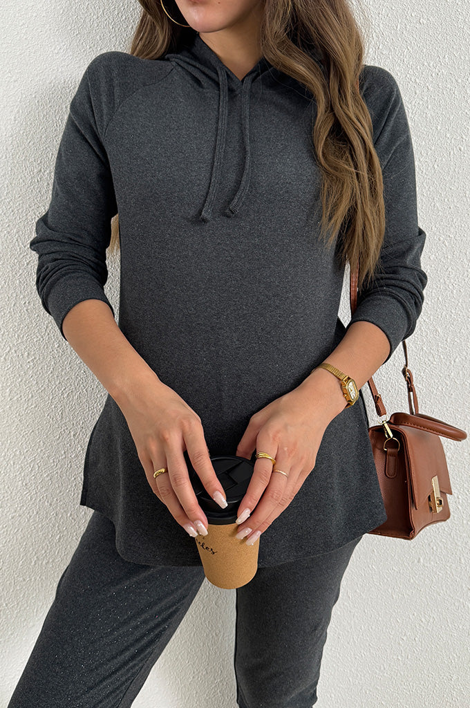 Bearsland Long-sleeved Maternity Hooded Set with Slit Hem