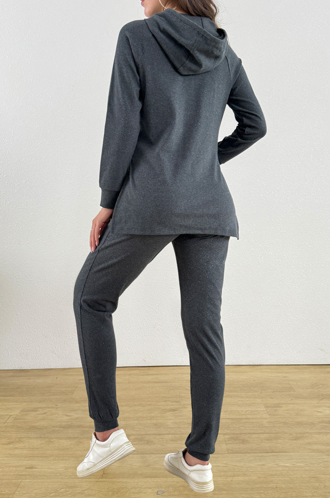 Bearsland Long-sleeved Maternity Hooded Set with Slit Hem