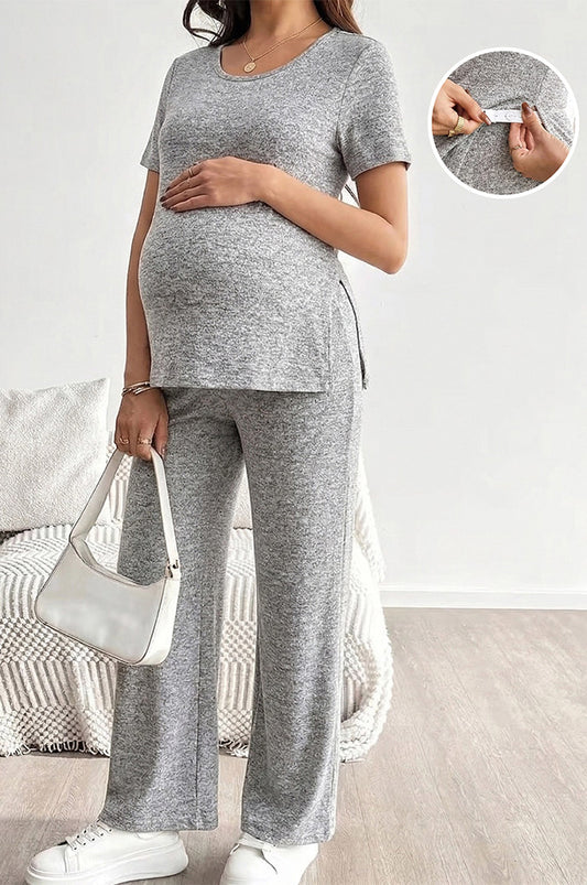 Bearsland Women's Short-Sleeve Maternity Set  Adjustable Waistband