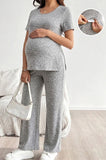 Bearsland Women's Short-Sleeve Maternity Set  Adjustable Waistband