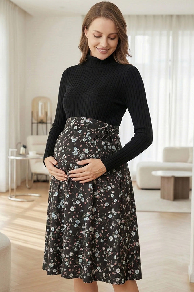 Bearsland Women's High-Neck Long-Sleeve Maternity Dress