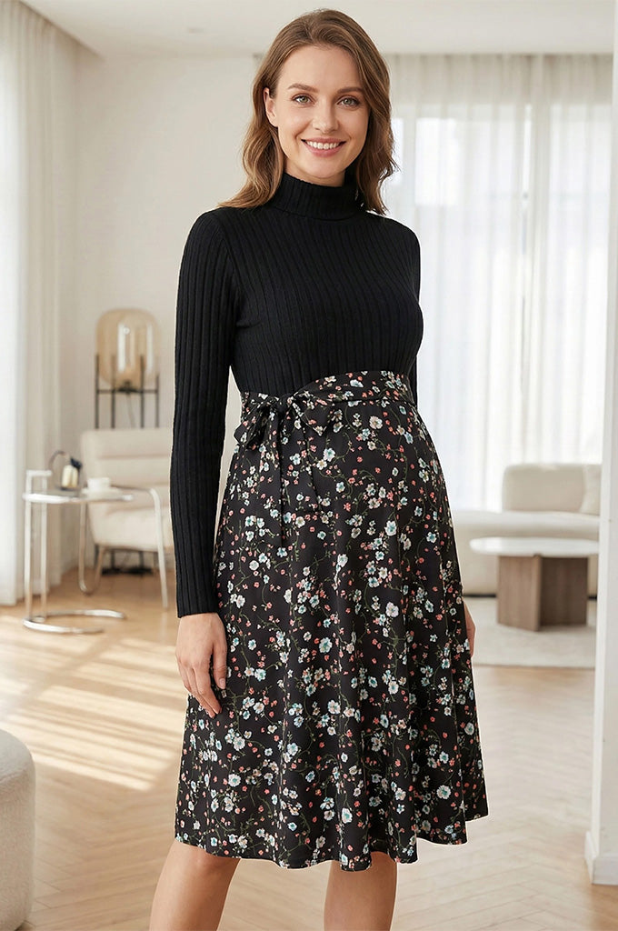 Bearsland Women's High-Neck Long-Sleeve Maternity Dress