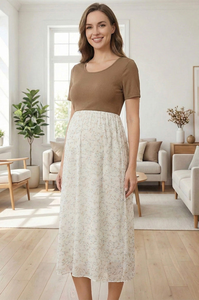 Bearsland Women's Round-Neck Maternity Dress with a Rustic Floral Print