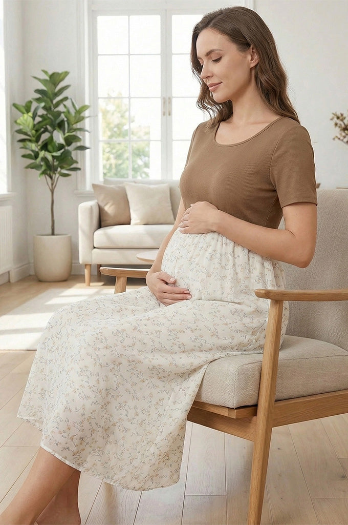 Bearsland Women's Round-Neck Maternity Dress with a Rustic Floral Print