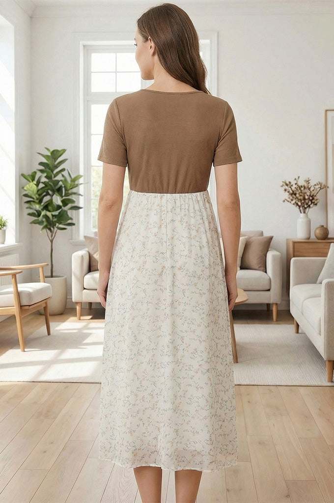 Bearsland Women's Round-Neck Maternity Dress with a Rustic Floral Print