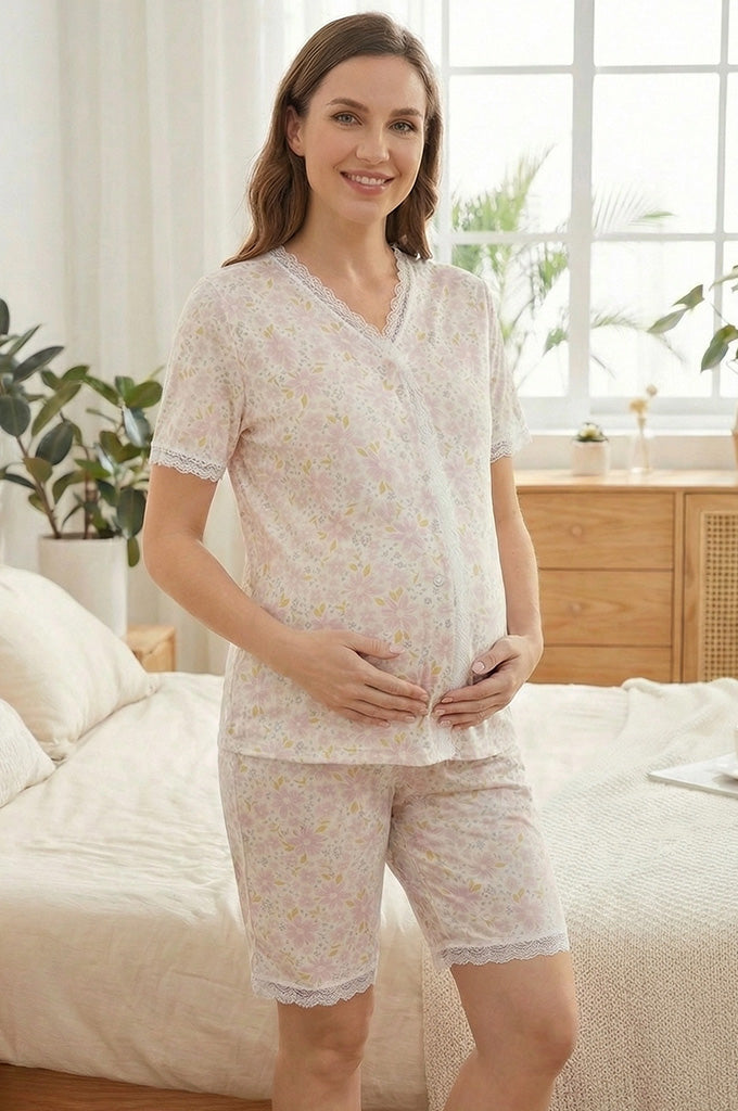 Bearsland Women's Lace-Trimmed Floral Short-Sleeve Pajama Set with Shorts