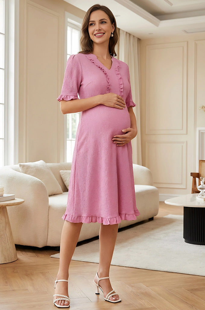 Bearsland Women's V-Neck Short-Sleeve Maternity Dress