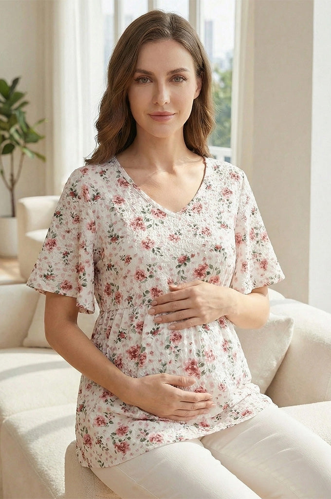 Bearsland Women's V-Neck Floral Print Maternity Top