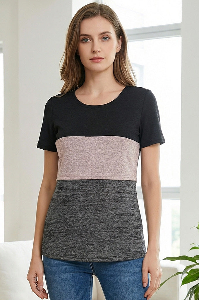 Bearsland Short-sleeved, Round-neck, Colour-block Nursing Top