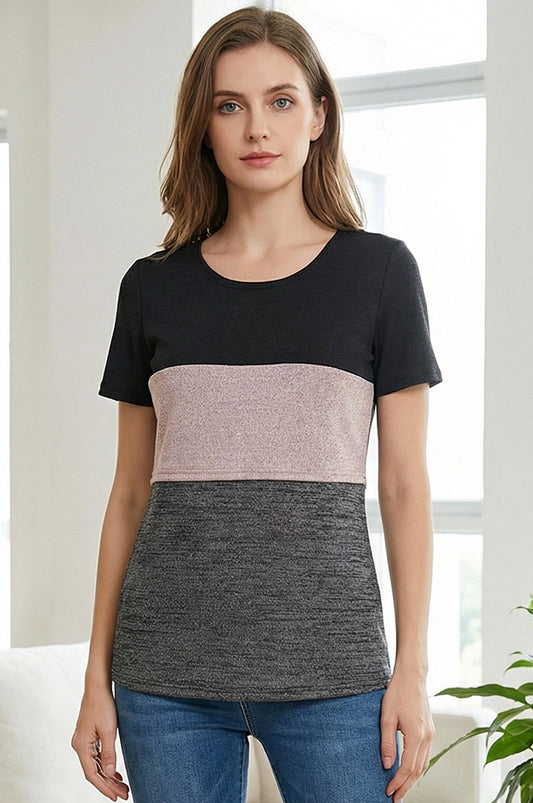 Bearsland Short-sleeved, Round-neck, Colour-block Nursing Top