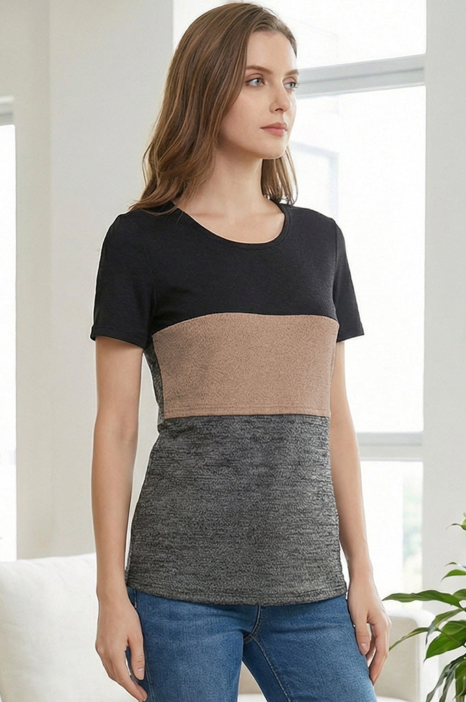 Bearsland Short-sleeved, Round-neck, Colour-block Nursing Top