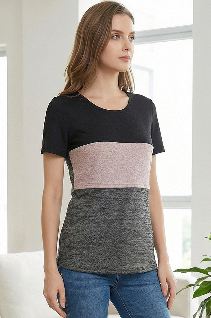 Bearsland Short-sleeved, Round-neck, Colour-block Nursing Top