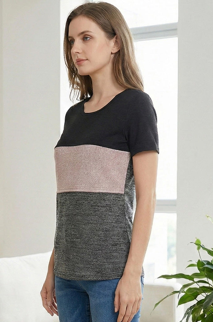 Bearsland Short-sleeved, Round-neck, Colour-block Nursing Top