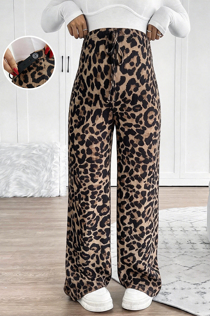 Bearsland Women's Leopard-Print Maternity Pants with Adjustable Waistband
