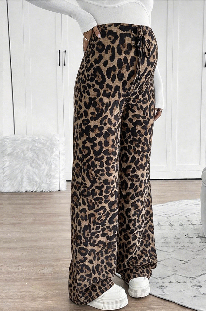 Bearsland Women's Leopard-Print Maternity Pants with Adjustable Waistband