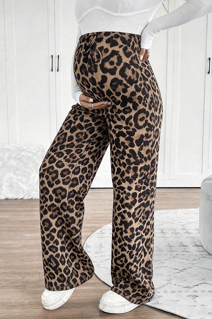 Bearsland Women's Leopard-Print Maternity Pants with Adjustable Waistband
