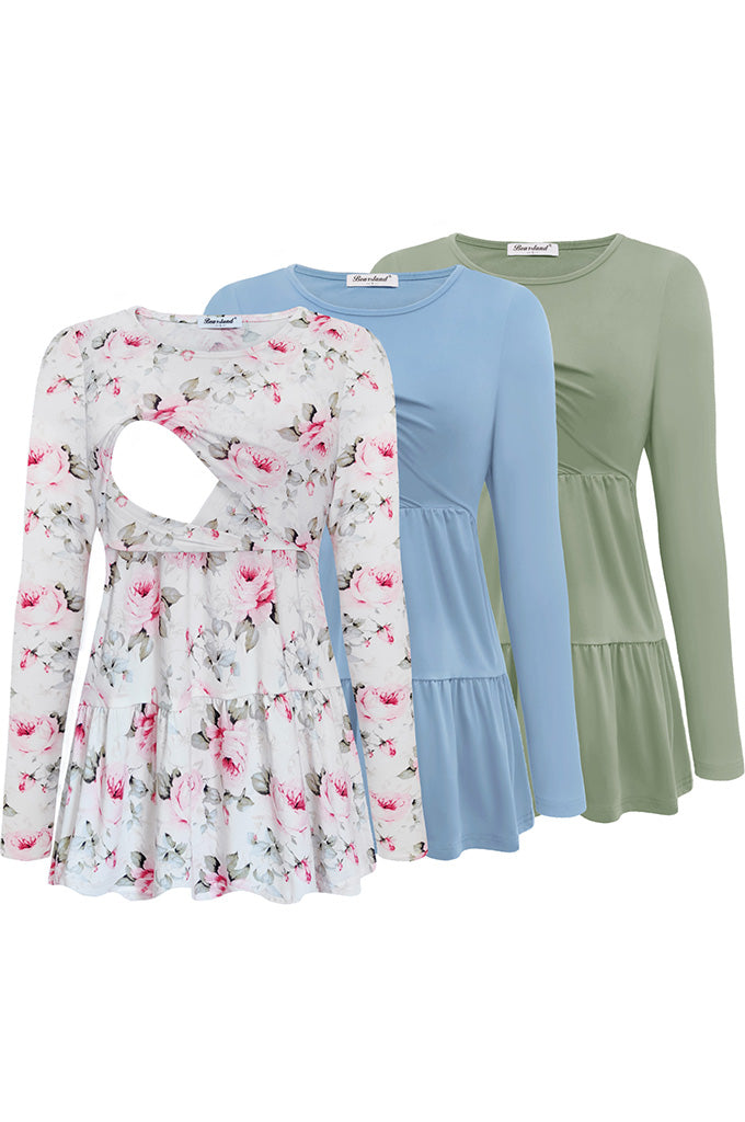 Bearsland Women’s Nursing Top 3pack Long Sleeve Scoop Neck Breastfeeding Shirts
