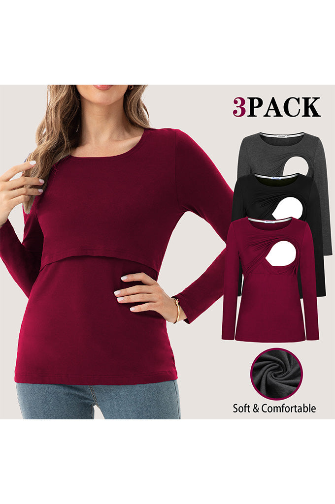 Women's Maternity Nursing Tops Comfy Long Sleeve Breastfeeding T-Shirt 3-Pack