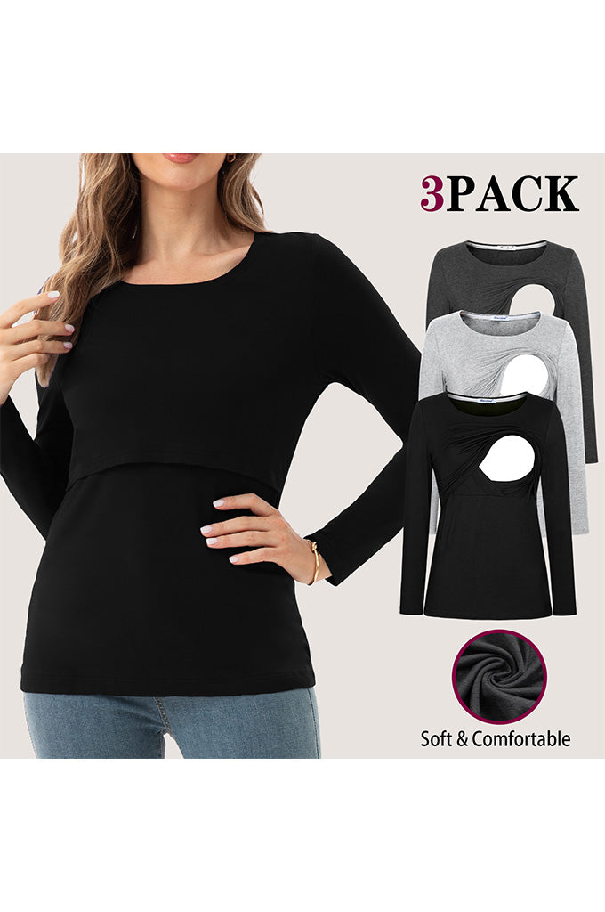 Women's Maternity Nursing Tops Comfy Long Sleeve Breastfeeding T-Shirt 3-Pack